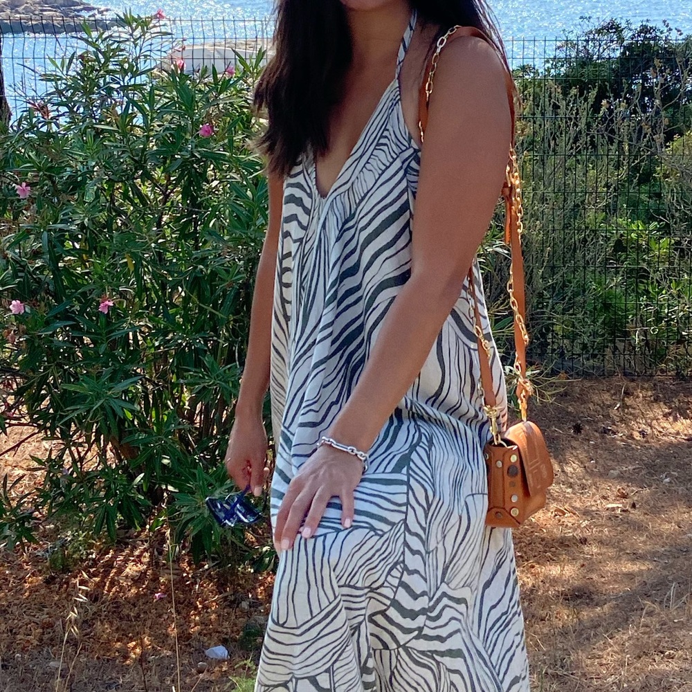 Zebra Print Linen Maxi Dress with open back.